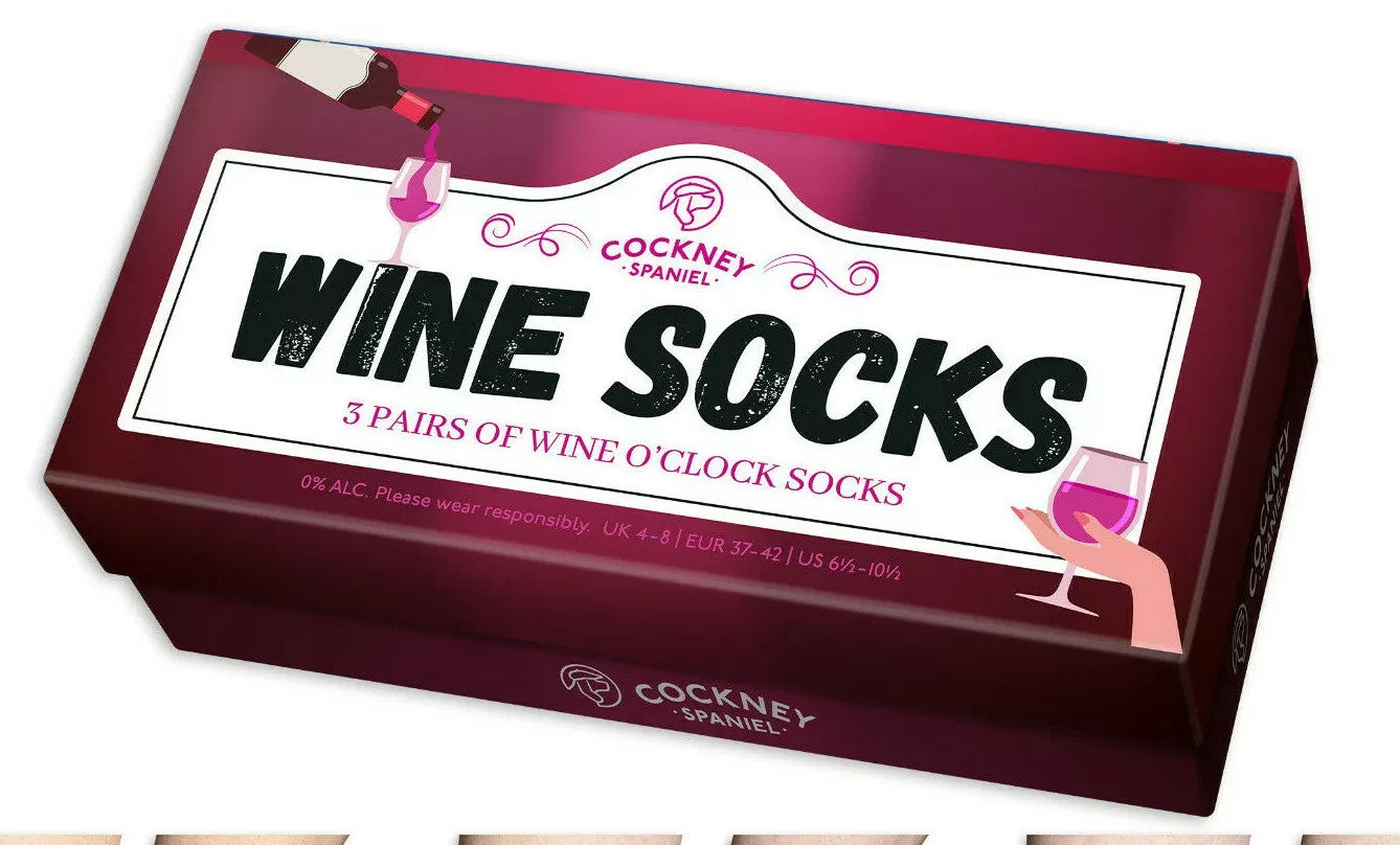 Cockney Spaniel - 3 Pairs of WINE O'CLOCK SOCKS - Socks in a Gift Box - UK 4-8