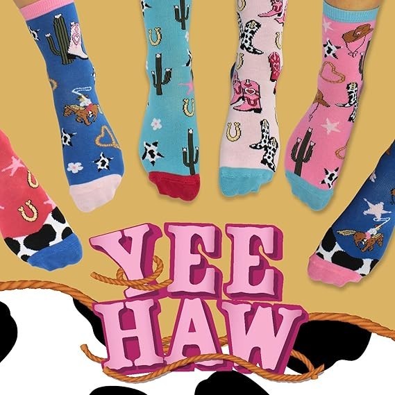Childrens Socks Oddsock Western Cowboy Rodeo Yee Haw Mismatch 6 Pack UK 12-5.5