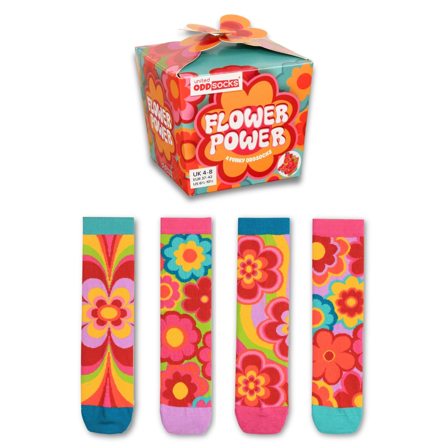 United Oddsocks Flower Power Gift Box, 4 Funky Floral Odd Socks for Women