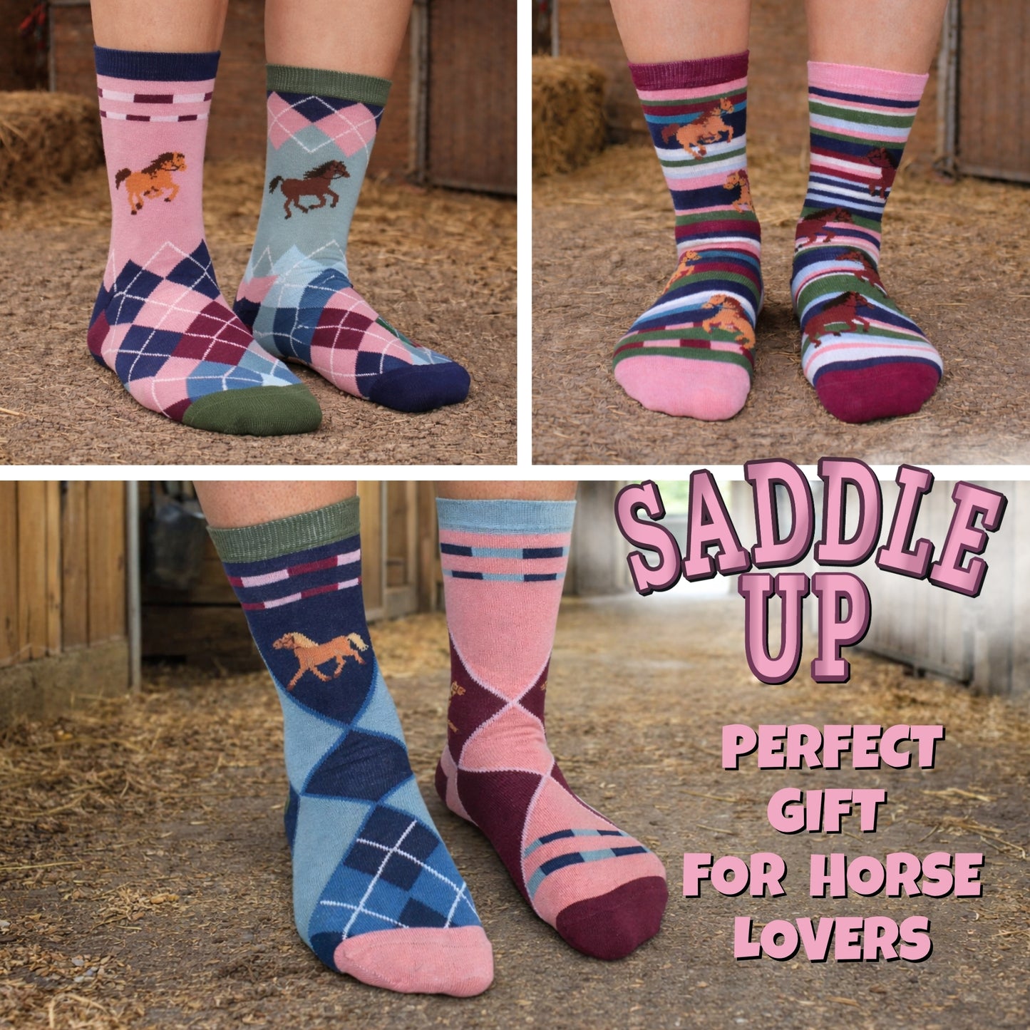 United Oddsocks SADDLE UP, 6 Horsey Odd Socks Gift Box-Ladies Size 4-8