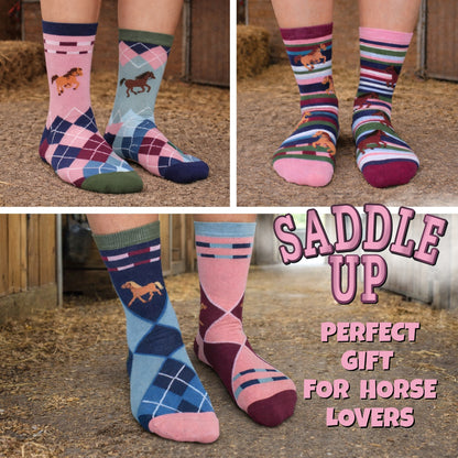 United Oddsocks SADDLE UP, 6 Horsey Odd Socks Gift Box-Ladies Size 4-8