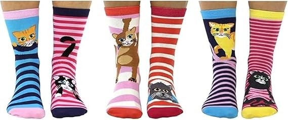 United Oddsocks - Feline Good - Box of 6 Odd Socks for Ladies - UK 4-8 EUR 37-42