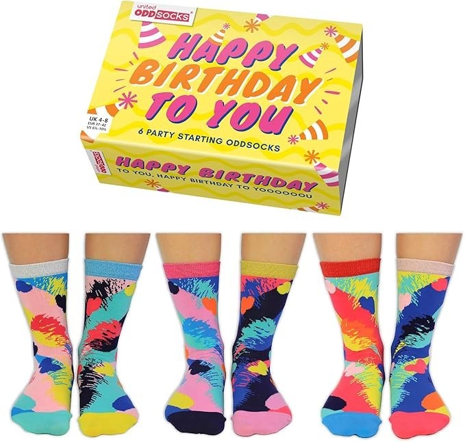United Oddsocks Box Of 6 Ladies Odd Socks Women Happy Birthday To You UK 4-8
