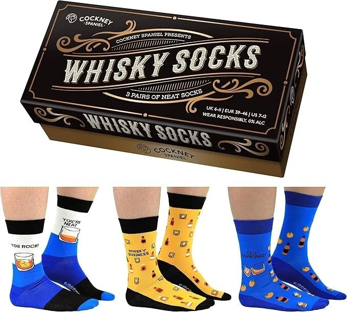 Cockney Spaniel - 3 Pairs of Whisky Men Socks in a Gift Box UK 6-11