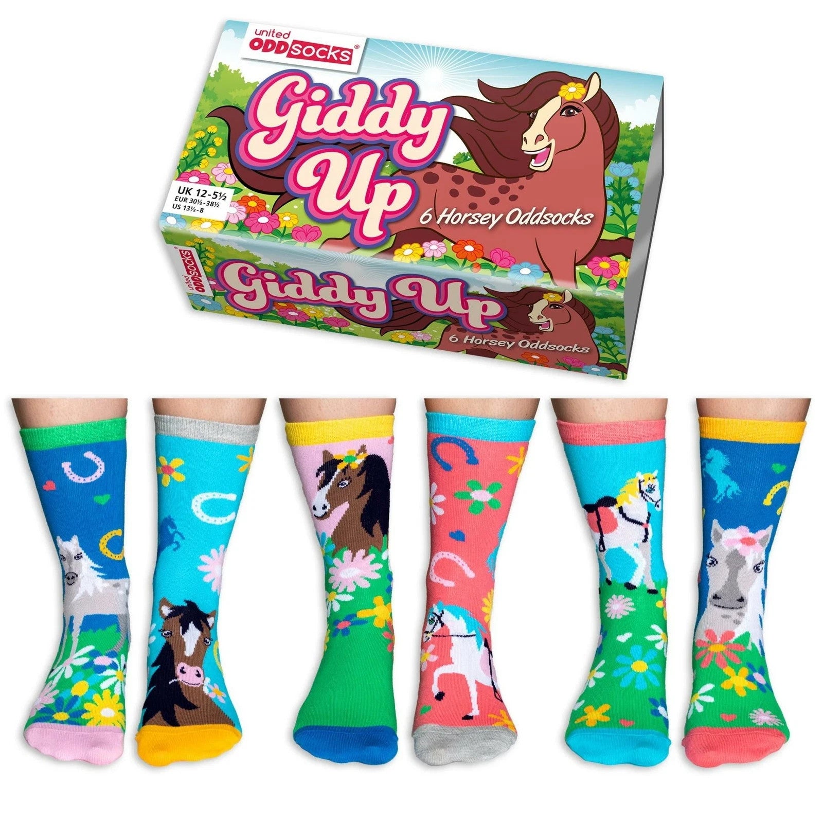 United Oddsocks Giddy Up Horse Themed Set Of 6 Girls Socks - UK Size 12-5.5
