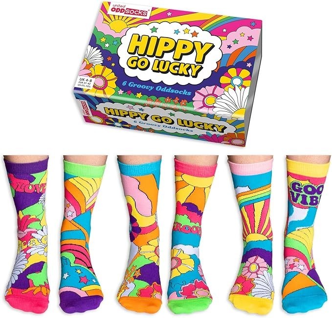 United Oddsocks Hippy Go Lucky Box of 6 Colourful Odd socks for Women UK4-8
