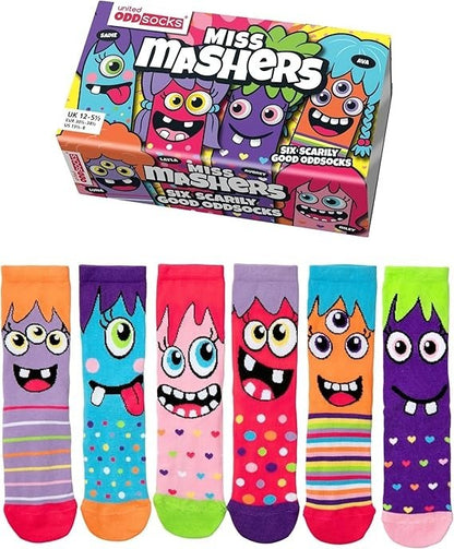United Oddsocks Miss Mashers Mismatched Set Of 6 Girls UK 12-5.5 Odd Socks Gift