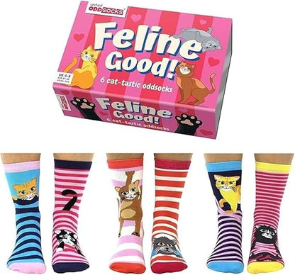 United Oddsocks - Feline Good - Box of 6 Odd Socks for Ladies - UK 4-8 EUR 37-42