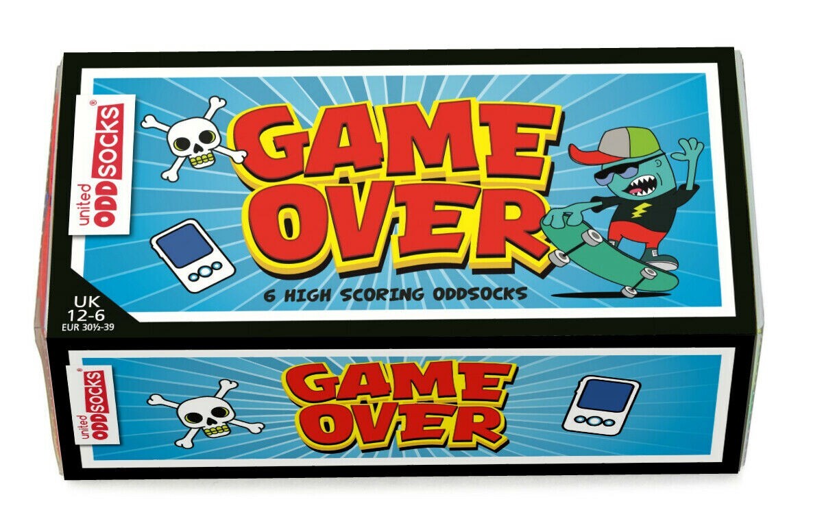 United Oddsocks Game over - Box of 6 Oddsocks, UK 12-6 / EUR 30.5-39 US 1 (NEW!)