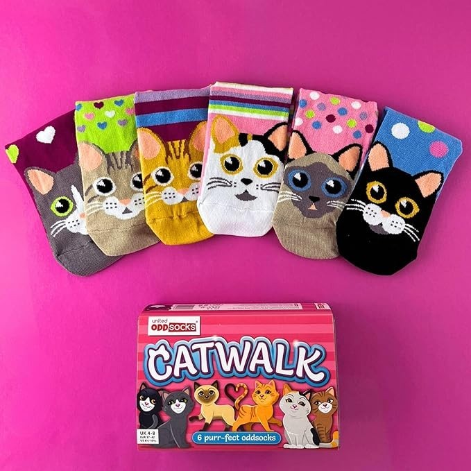 United ODDSOCKS Catwalk Size UK 4-8 Set Of 6 Women's Socks Kittens Odd Gift Idea