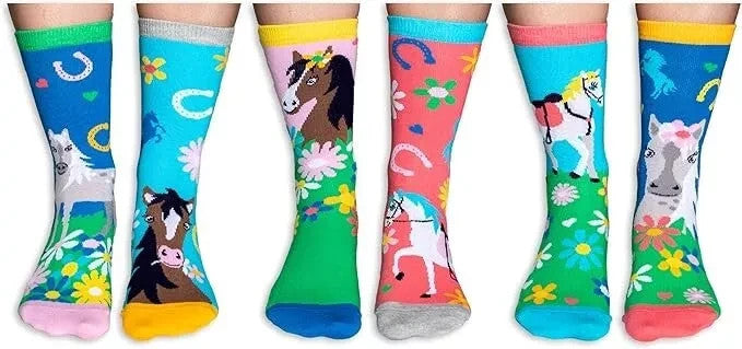 United Oddsocks Giddy Up Horse Themed Set Of 6 Girls Socks - UK Size 12-5.5