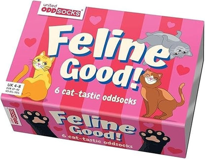 United Oddsocks - Feline Good - Box of 6 Odd Socks for Ladies - UK 4-8 EUR 37-42