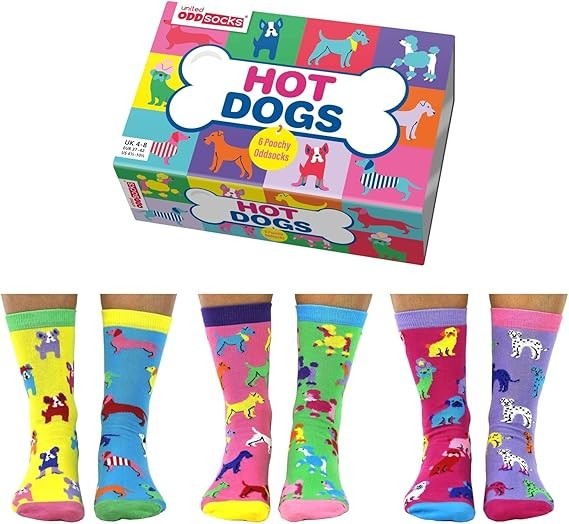 UNITED ODDSOCKS HOT DOG  SIX DOG ODD SOCKS FOR LADIES UK 4 - 8 GIFT IDEA