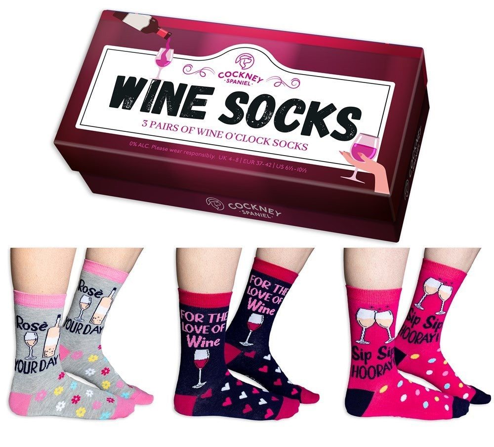 Cockney Spaniel - 3 Pairs of WINE O'CLOCK SOCKS - Socks in a Gift Box - UK 4-8