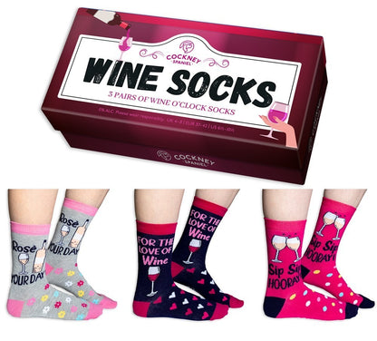 Cockney Spaniel - 3 Pairs of WINE O'CLOCK SOCKS - Socks in a Gift Box - UK 4-8