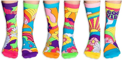 United Oddsocks Hippy Go Lucky Box of 6 Colourful Odd socks for Women UK4-8
