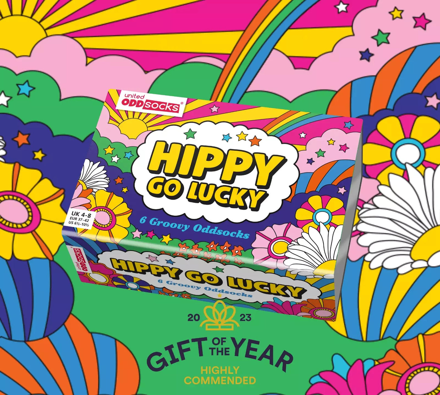United Oddsocks Hippy Go Lucky Box of 6 Colourful Odd socks for Women UK4-8