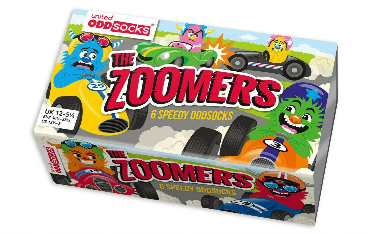 UNITED ODDSOCKS BOYS ZOOMERS ODD SOCKS RACING SOCKS BOYS SIZE 12 - 6 GIFT BOX