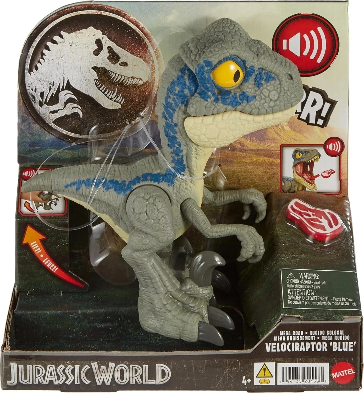 Mattel Jurassic World Mega Roar Velociraptor 'Blue' Sound & Stretchable Jaw