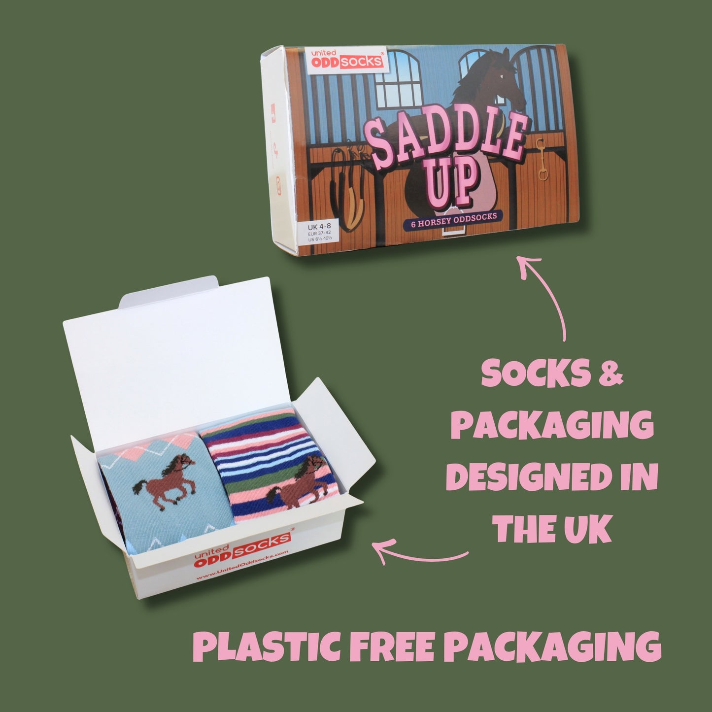 United Oddsocks SADDLE UP, 6 Horsey Odd Socks Gift Box-Ladies Size 4-8