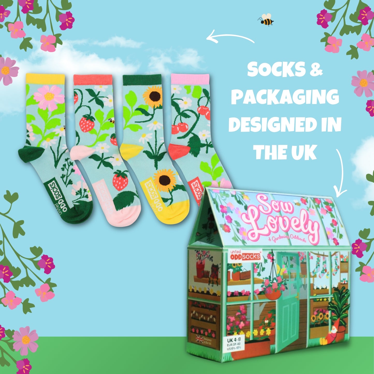 United Oddsocks Sow Lovely Garden Themed Ladies Socks - Size 4-8
