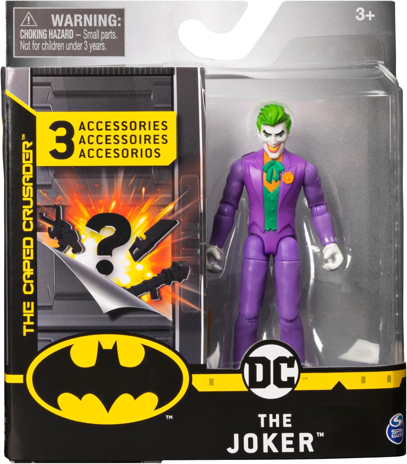 DC BATMAN, 4-Inch The Joker Action Figure with 3 Mystery Accessories